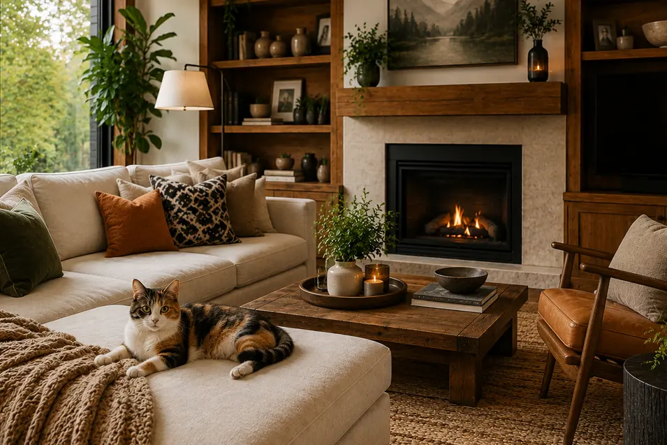 Cozy modern living room with warm wood accents, a glowing fireplace, lush greenery, and a calico cat relaxing on a plush sectional.