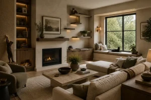 A sophisticated cat-friendly living room blends climbing shelves, scratching surfaces, cozy retreats and window perches into elegant design.