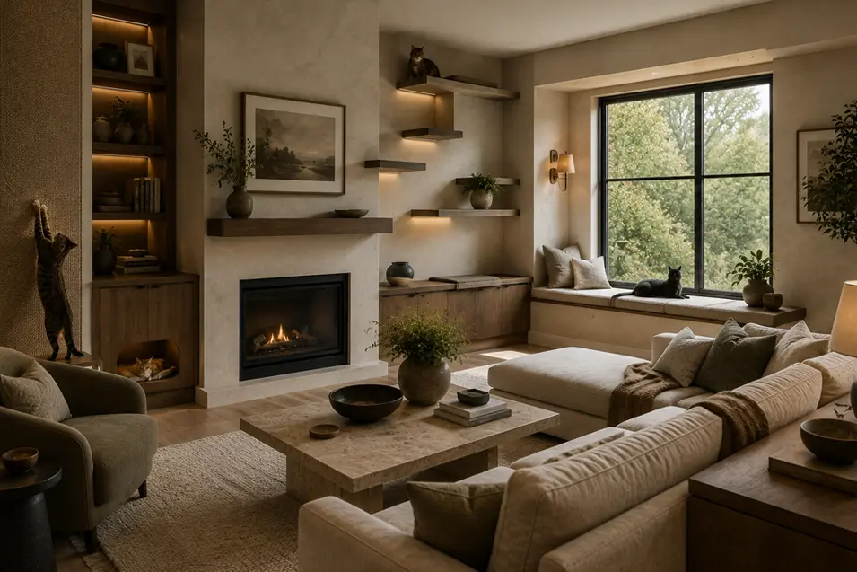A sophisticated cat-friendly living room blends climbing shelves, scratching surfaces, cozy retreats and window perches into elegant design.