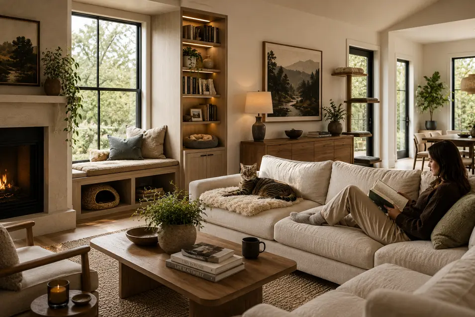 A warm, sunlit living room where a cat and its owner share a stylish space designed for comfort, rest and connection.