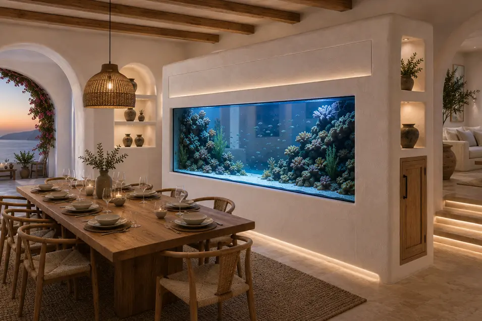 Elegant Santorini-style dining room with rustic wood accents, arched sea views, and a spectacular built-in coral reef aquarium.