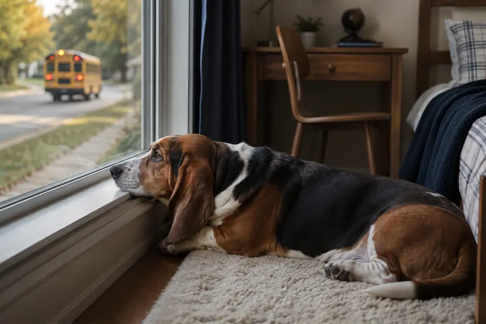 A Basset Hound rests in a child’s quiet bedroom, watching through the window as the school bus drives away.