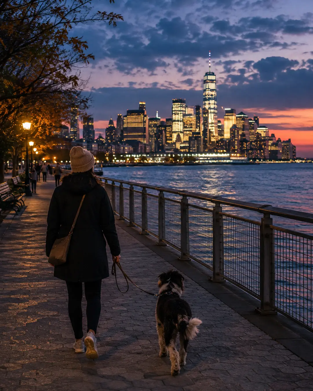 A woman walks her dog along the waterfront at dusk, with Lower Manhattan and One World Trade Center glowing across the river.