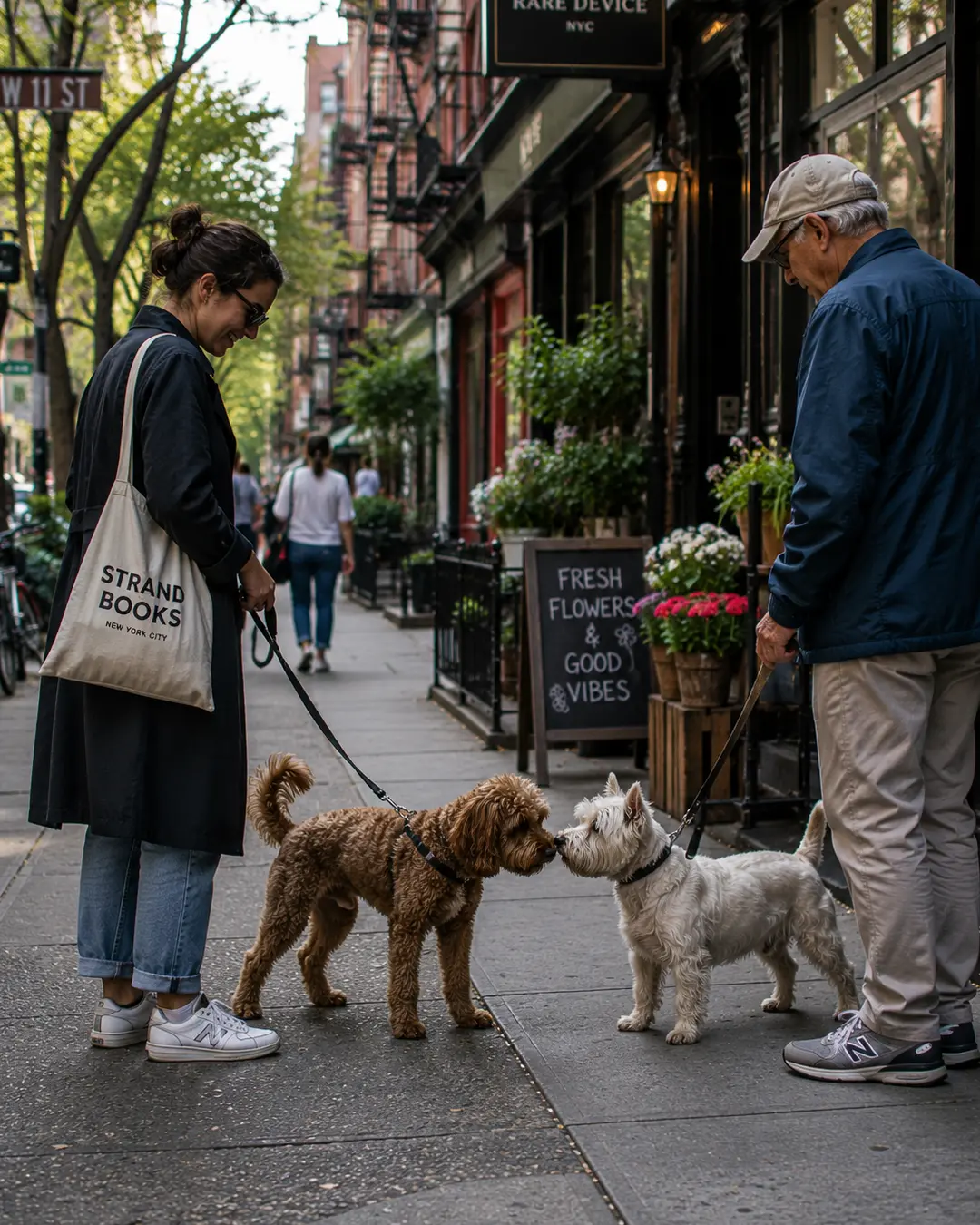 Two dog owners stop as their dogs greet each other on a charming Greenwich Village sidewalk lined with shops, flowers and brownstones.