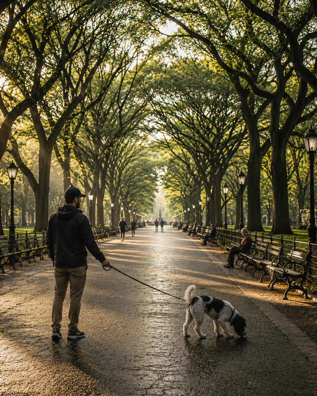 A man walks his dog beneath Central Park’s towering tree canopy as morning sunlight filters across the peaceful, bench-lined path.