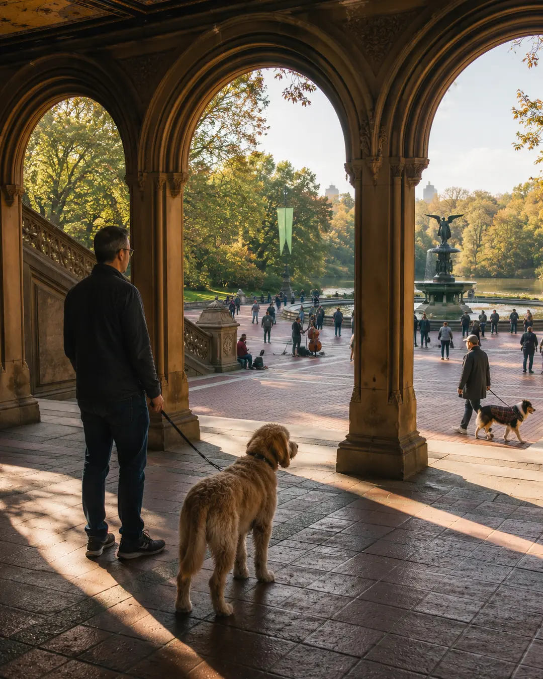 A man and his dog pause beneath Bethesda Terrace’s grand arches, overlooking the fountain and lively morning scene in Central Park.