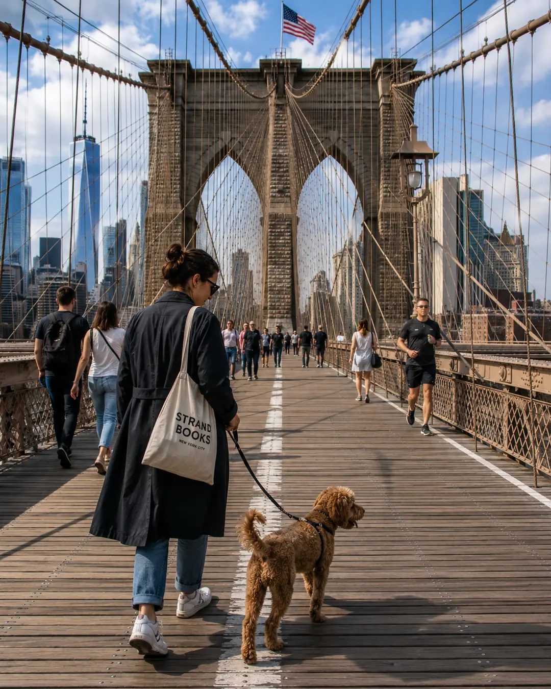 A woman walks her dog across the Brooklyn Bridge, surrounded by pedestrians with Manhattan’s skyline rising behind them.