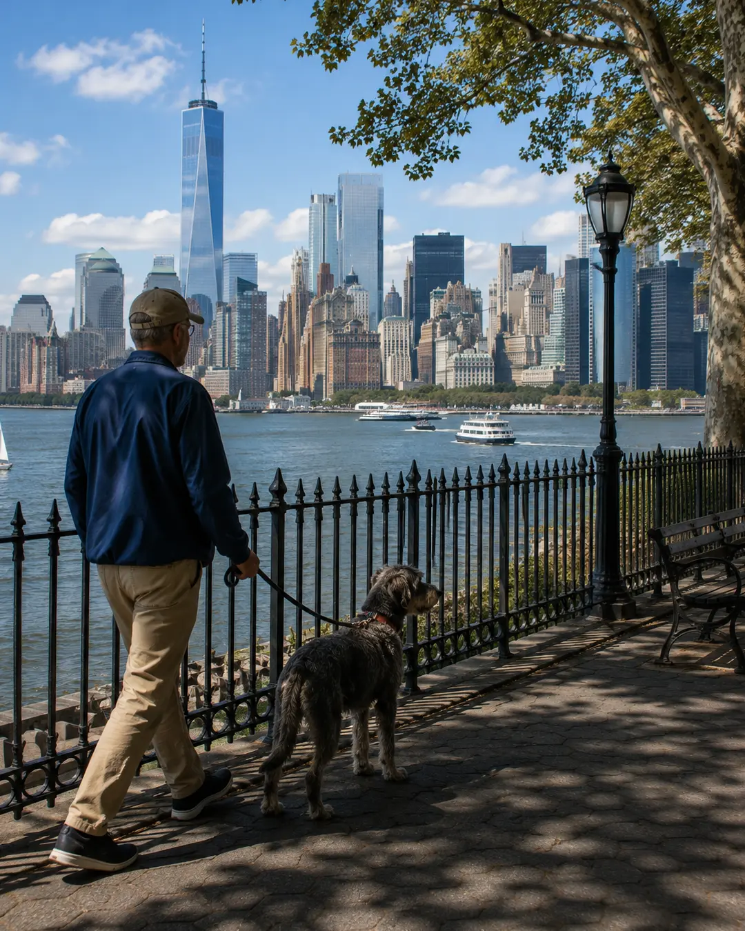 A man walks his dog along the Brooklyn waterfront, enjoying sweeping views of Lower Manhattan and One World Trade Center.