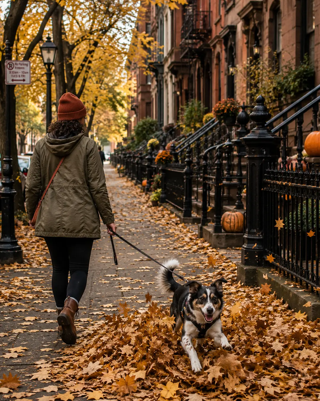 A playful dog bounds through autumn leaves on a brownstone-lined New York street decorated with pumpkins and glowing fall colour.