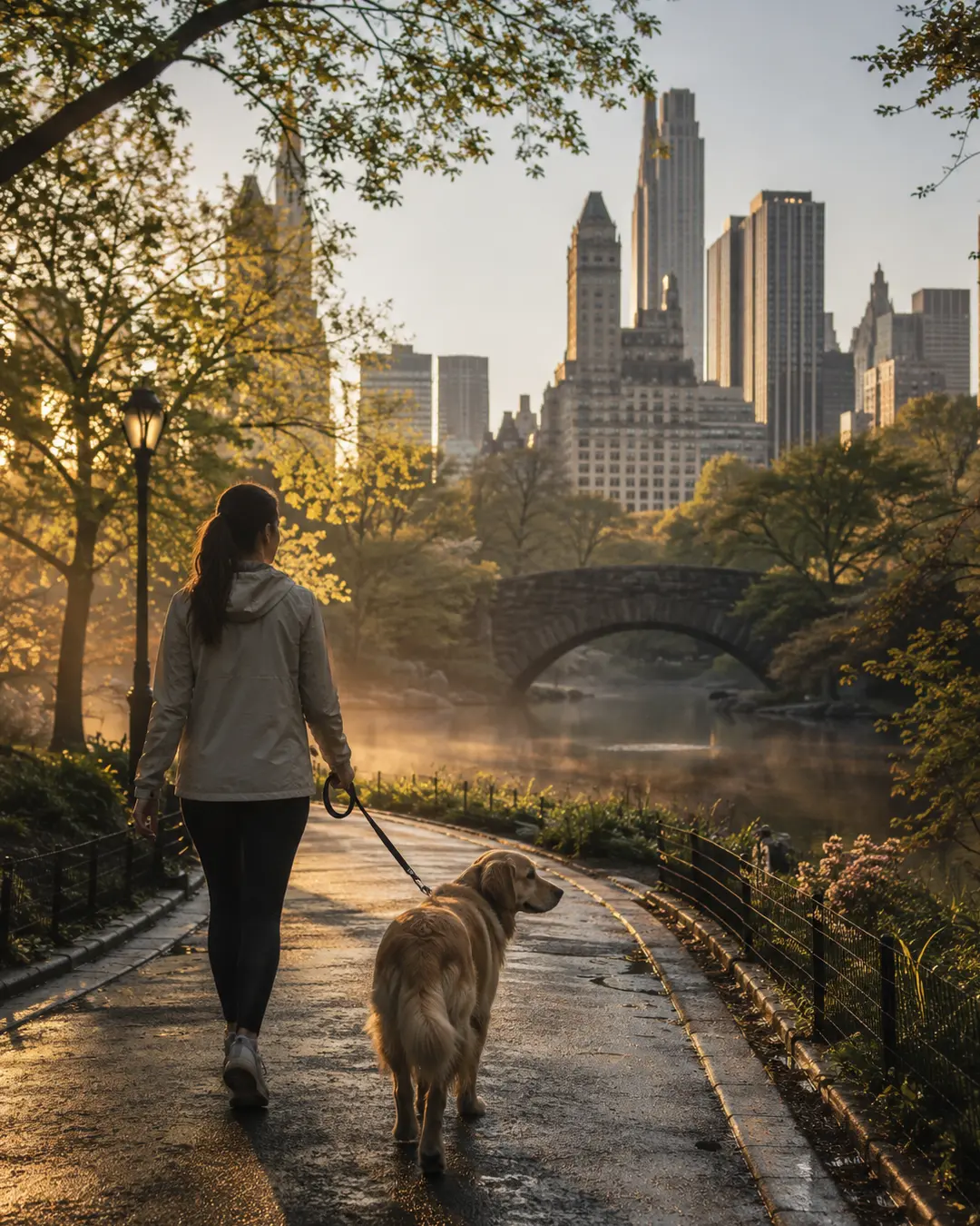 A woman walks her dog through Central Park at sunrise, with misty water, stone bridges and the Manhattan skyline glowing beyond.