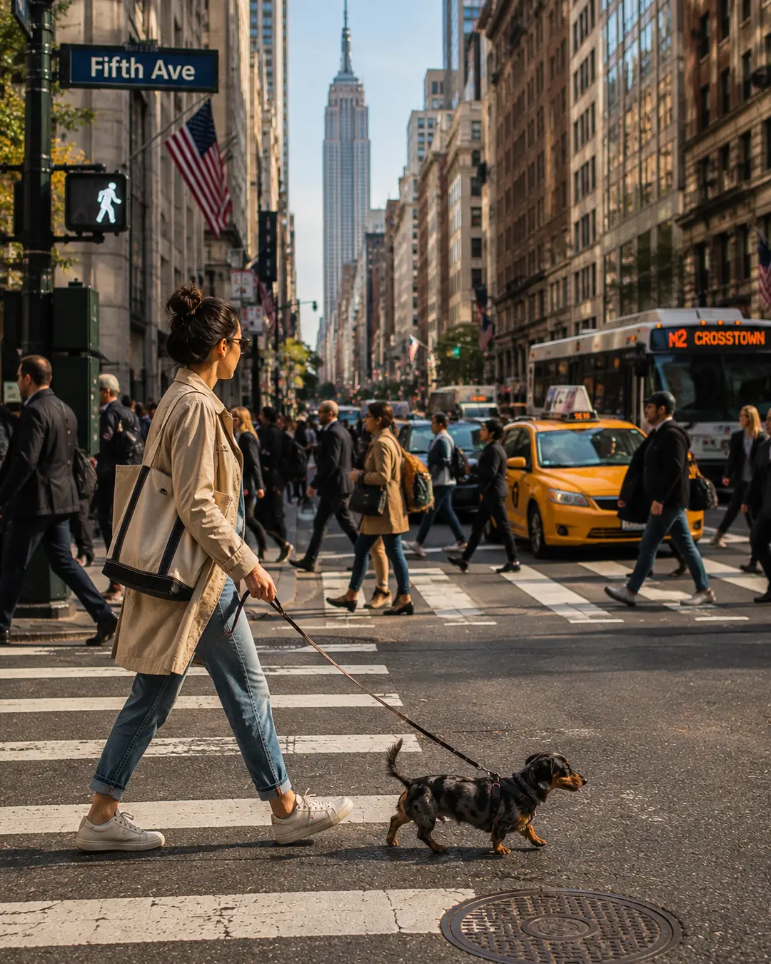 A woman walks her Dachshund across busy Fifth Avenue, with yellow taxis, crowds and the Empire State Building framing the New York scene.
