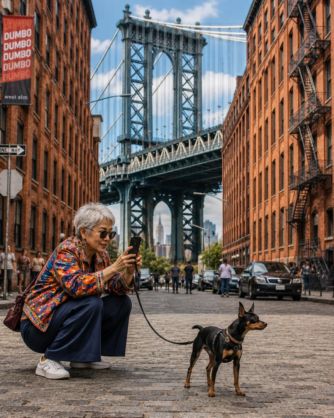 A woman photographs her small dog on a cobblestone street in DUMBO, with red-brick warehouses and the Manhattan Bridge towering above.