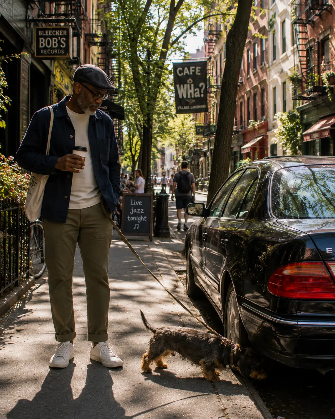 A man walks his small dog along a leafy Greenwich Village street, surrounded by historic buildings, cafés and classic New York character.