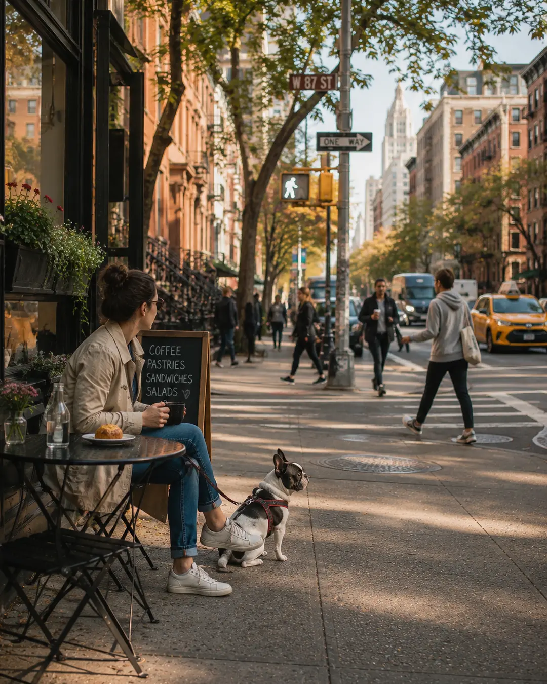 A woman enjoys coffee with her Boston Terrier at a sidewalk café on the Upper West Side as morning traffic and pedestrians pass by.