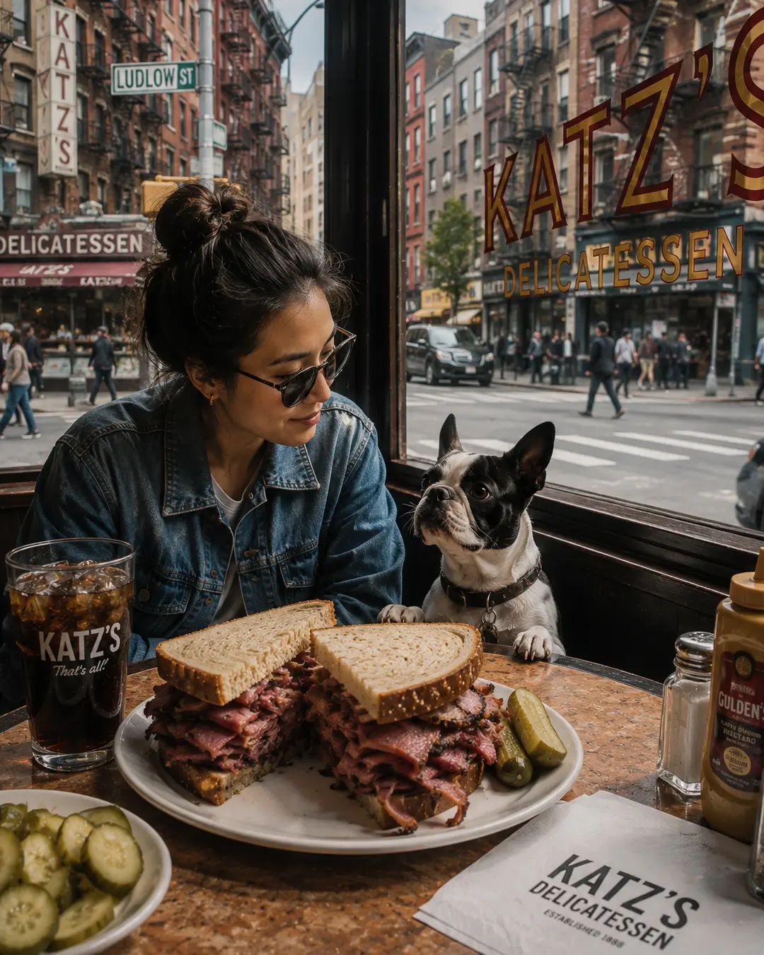 A woman shares a table with her French Bulldog at Katz’s Delicatessen, with towering pastrami sandwiches and the Lower East Side outside.
