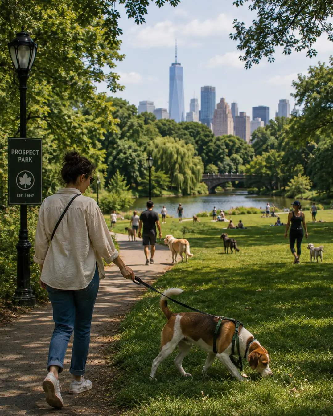 A woman walks her dog through leafy Prospect Park, where other dogs play near the lake with New York’s skyline rising beyond.