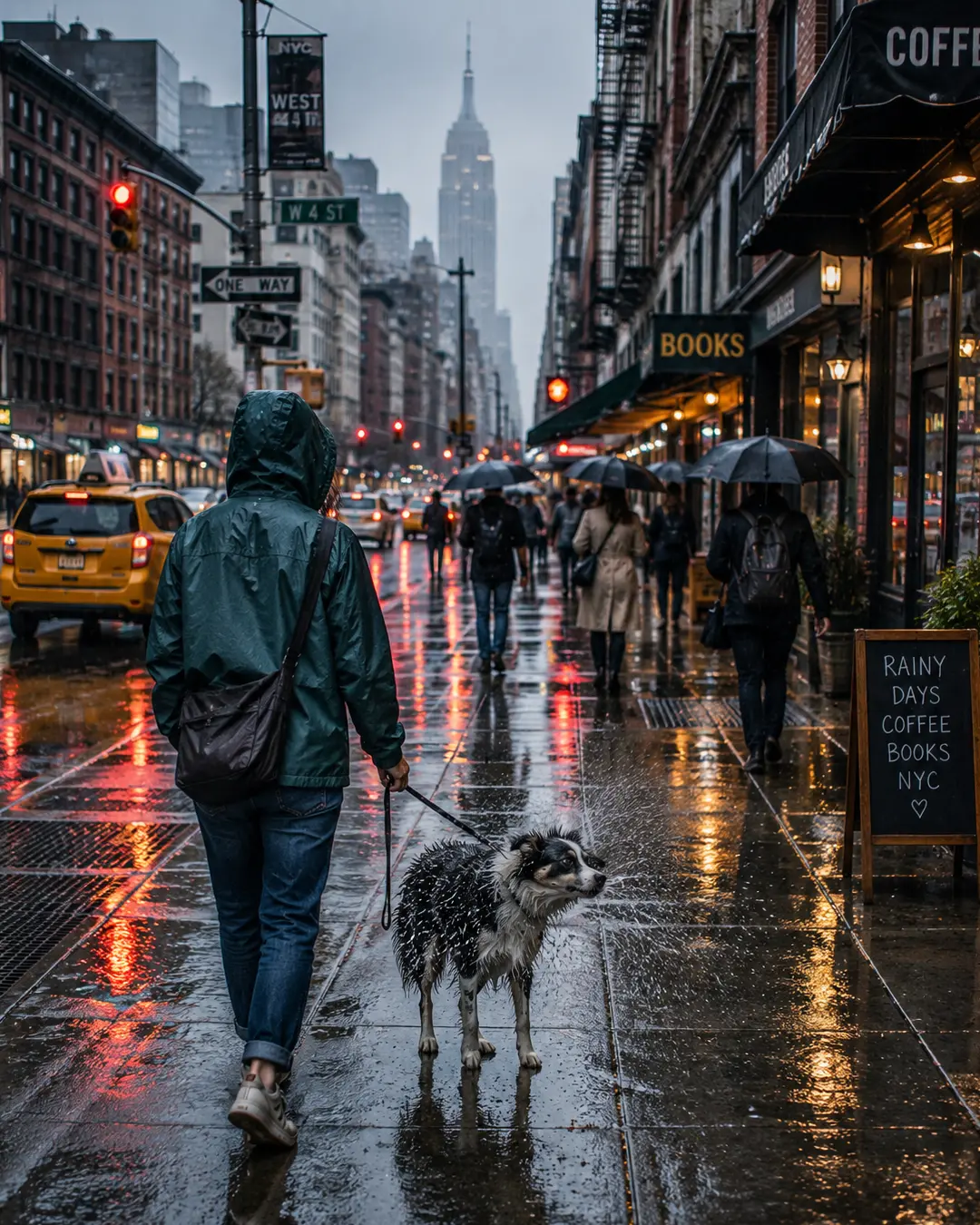 A dog shakes off rain during a wet New York City walk, surrounded by glowing storefronts, umbrellas and reflections on the sidewalk.