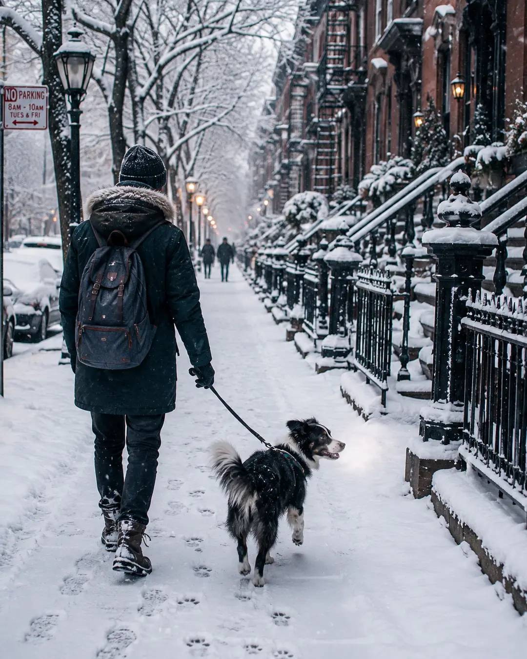 A man walks his dog through fresh snow on a quiet New York brownstone street, surrounded by snow-covered stoops and softly glowing lamps.