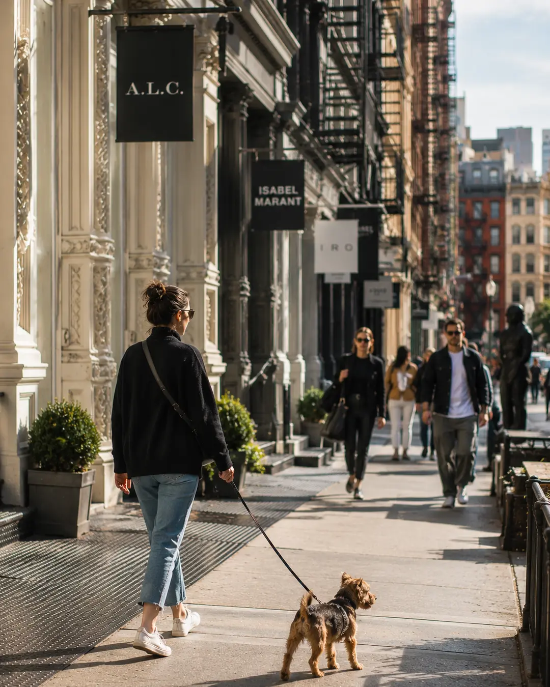 A woman walks her small dog along a stylish SoHo street lined with boutiques, cast-iron buildings and bustling New York sidewalks.