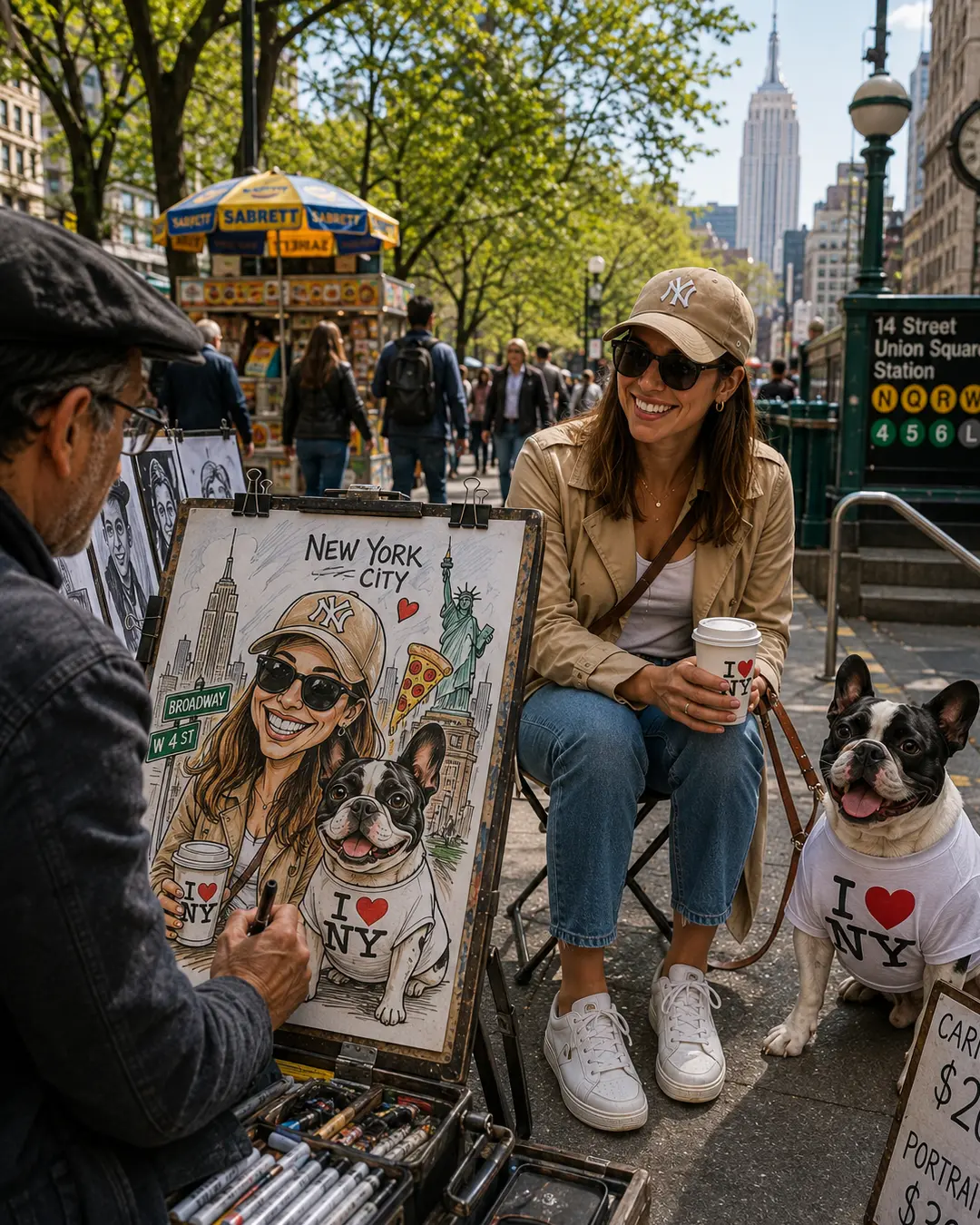 A street artist draws a woman and her French Bulldog in Union Square, filling their playful portrait with classic New York landmarks.