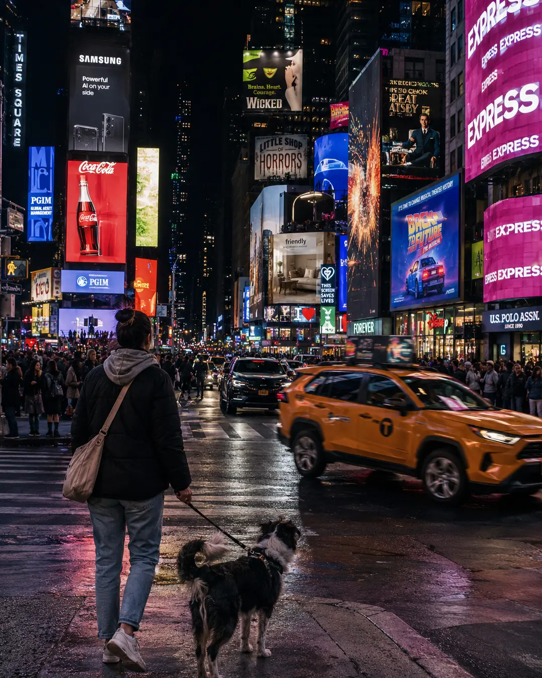 A woman walks her dog through dazzling Times Square at night, surrounded by glowing billboards, crowds, traffic and yellow taxis.