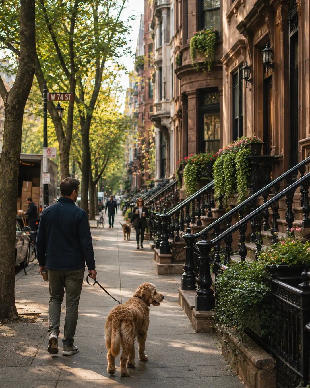 A man walks his dog along a leafy Upper West Side street lined with classic New York brownstones, stoops and flower-filled windows.
