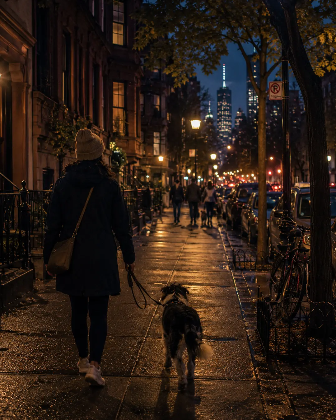 A woman walks her dog along a softly lit New York street at night, with glowing brownstones, wet sidewalks and the skyline in the distance.