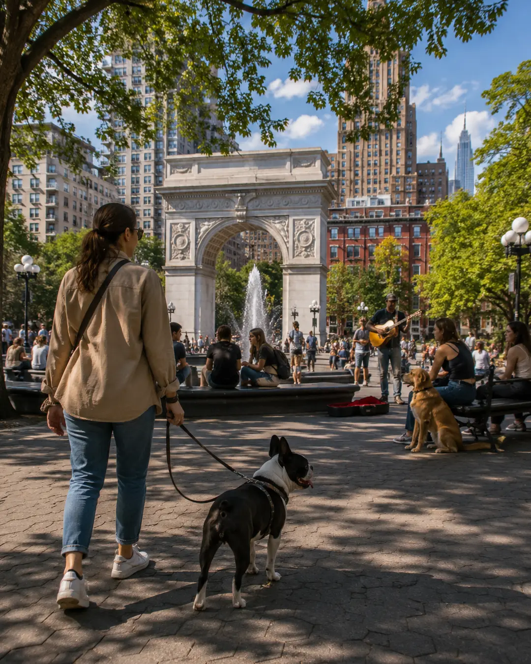 A woman walks her Boston Terrier through lively Washington Square Park, with musicians, crowds, the fountain and iconic arch beyond.
