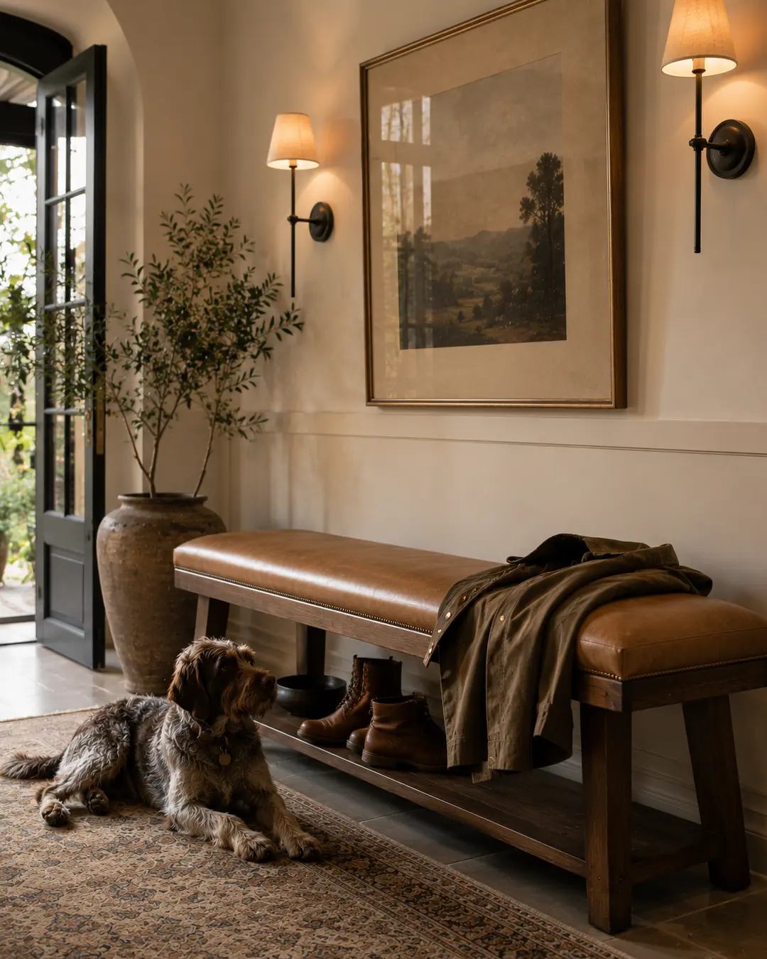 A shaggy dog rests beside a handsome leather entryway bench in a warm, elegant foyer with rustic details and garden views.