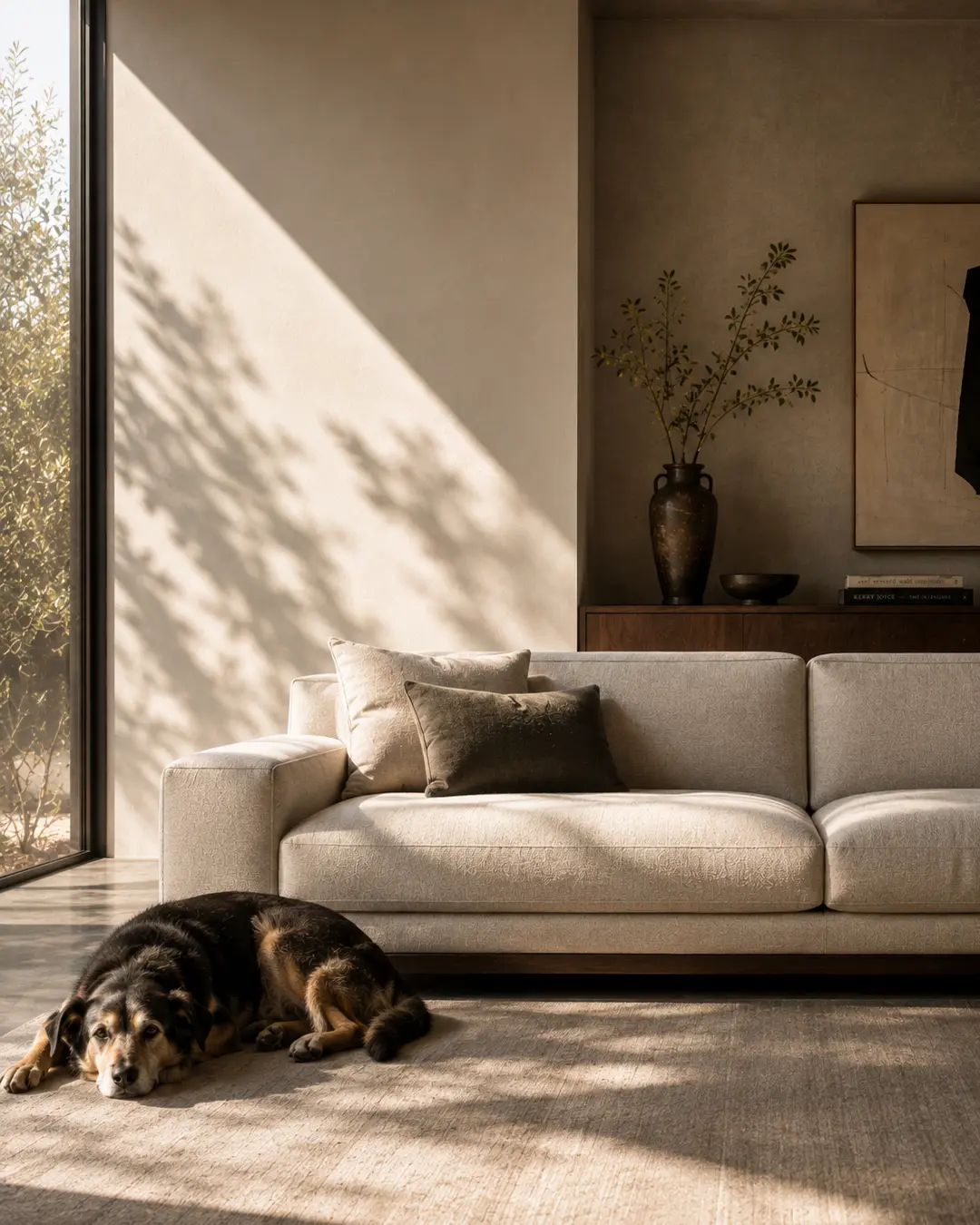 A relaxed dog rests on a sunlit rug beside a cream sofa in a serene minimalist living room filled with warm natural textures.