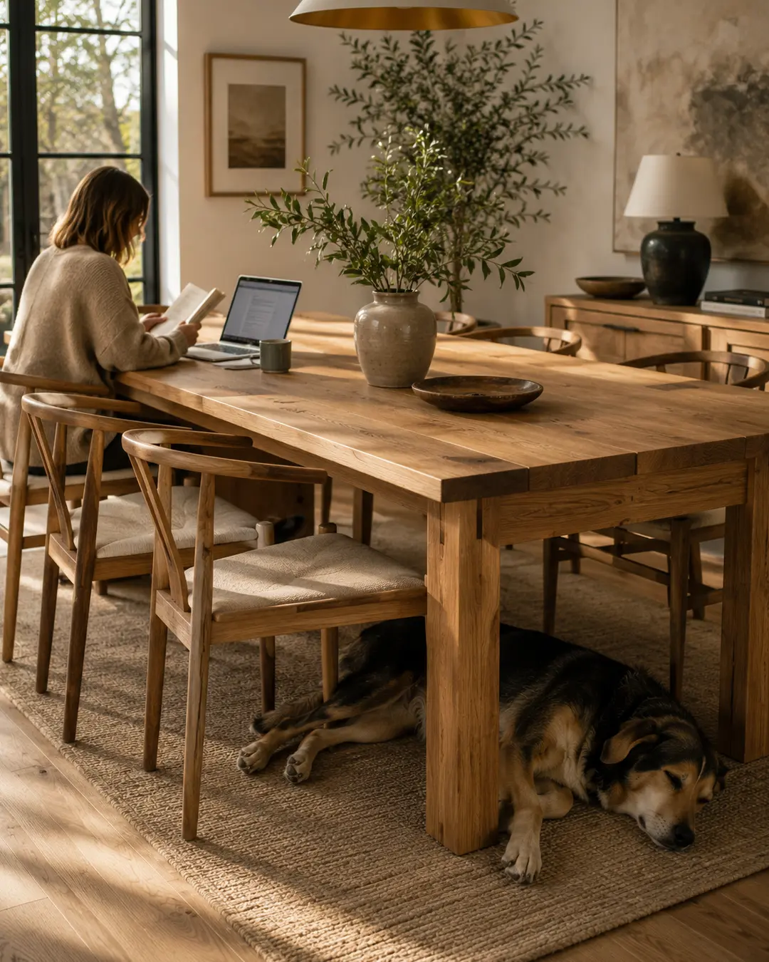 A woman works at a sunlit wooden dining table while her dog naps peacefully beneath it in a warm, natural interior.