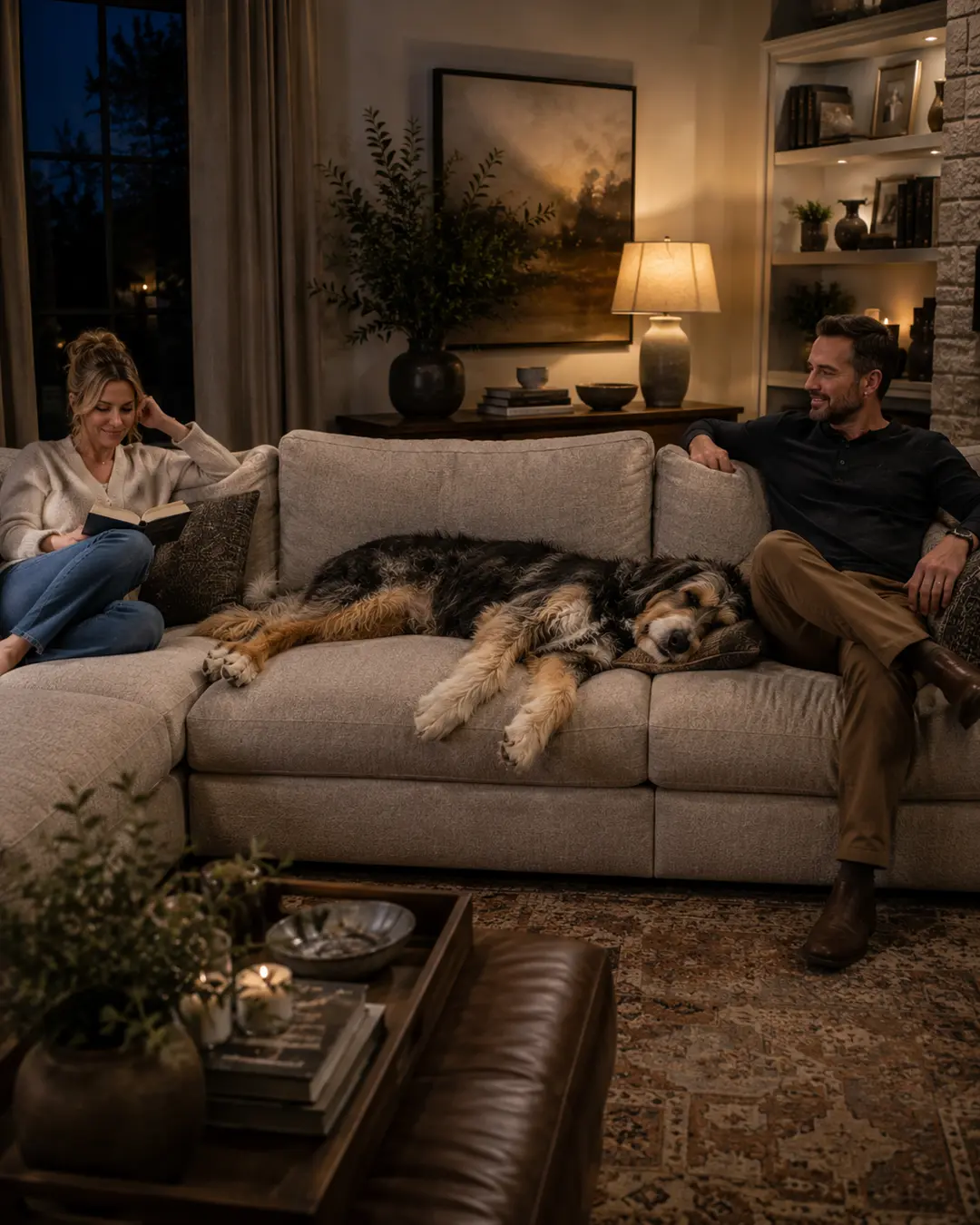 A couple unwinds in a warmly lit living room while their large, shaggy dog stretches comfortably across the sofa between them.
