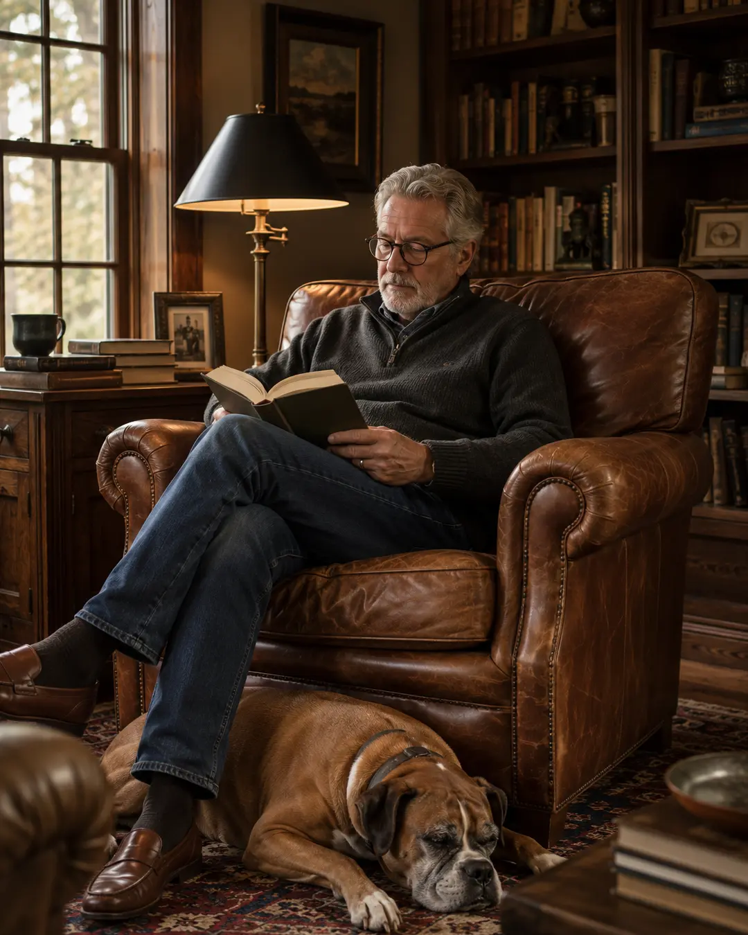 A cozy wood-paneled library where a man reads in a worn leather armchair while his dog sleeps peacefully at his feet.