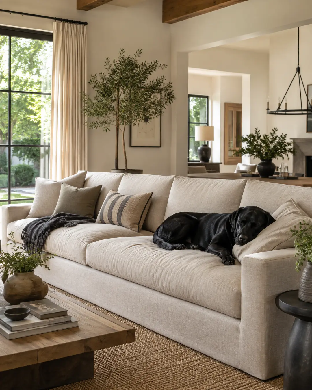 A serene modern living room with warm wood accents, neutral decor, lush greenery, and a black Labrador curled up on a cream sofa.