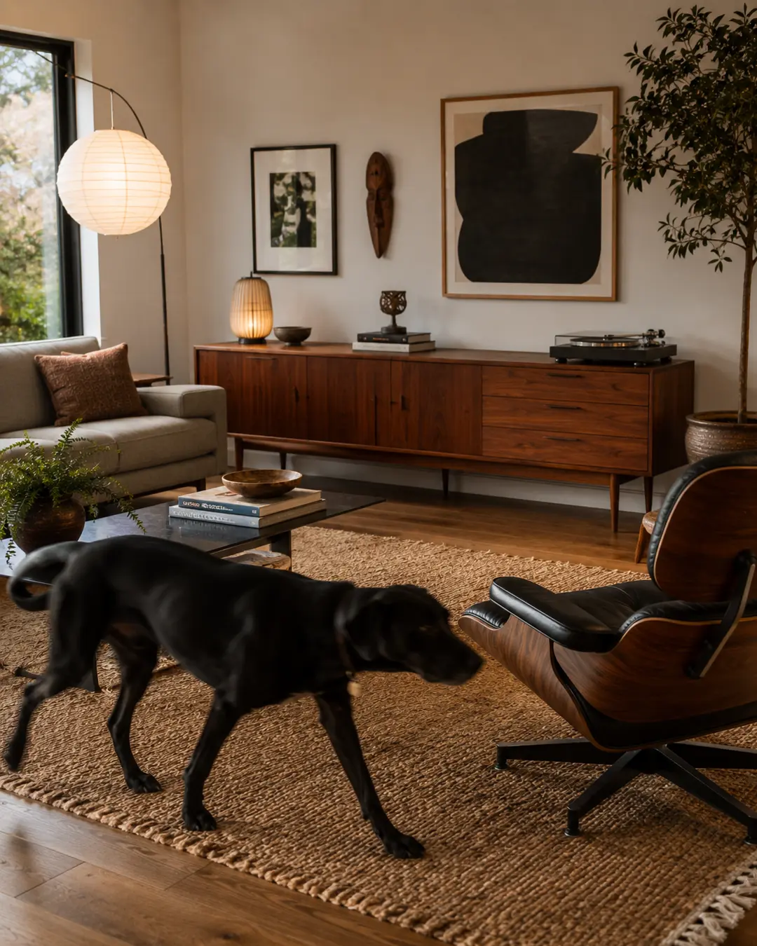 A black Labrador strolls through a stylish mid-century living room featuring warm wood furniture, modern art, and a classic lounge chair.