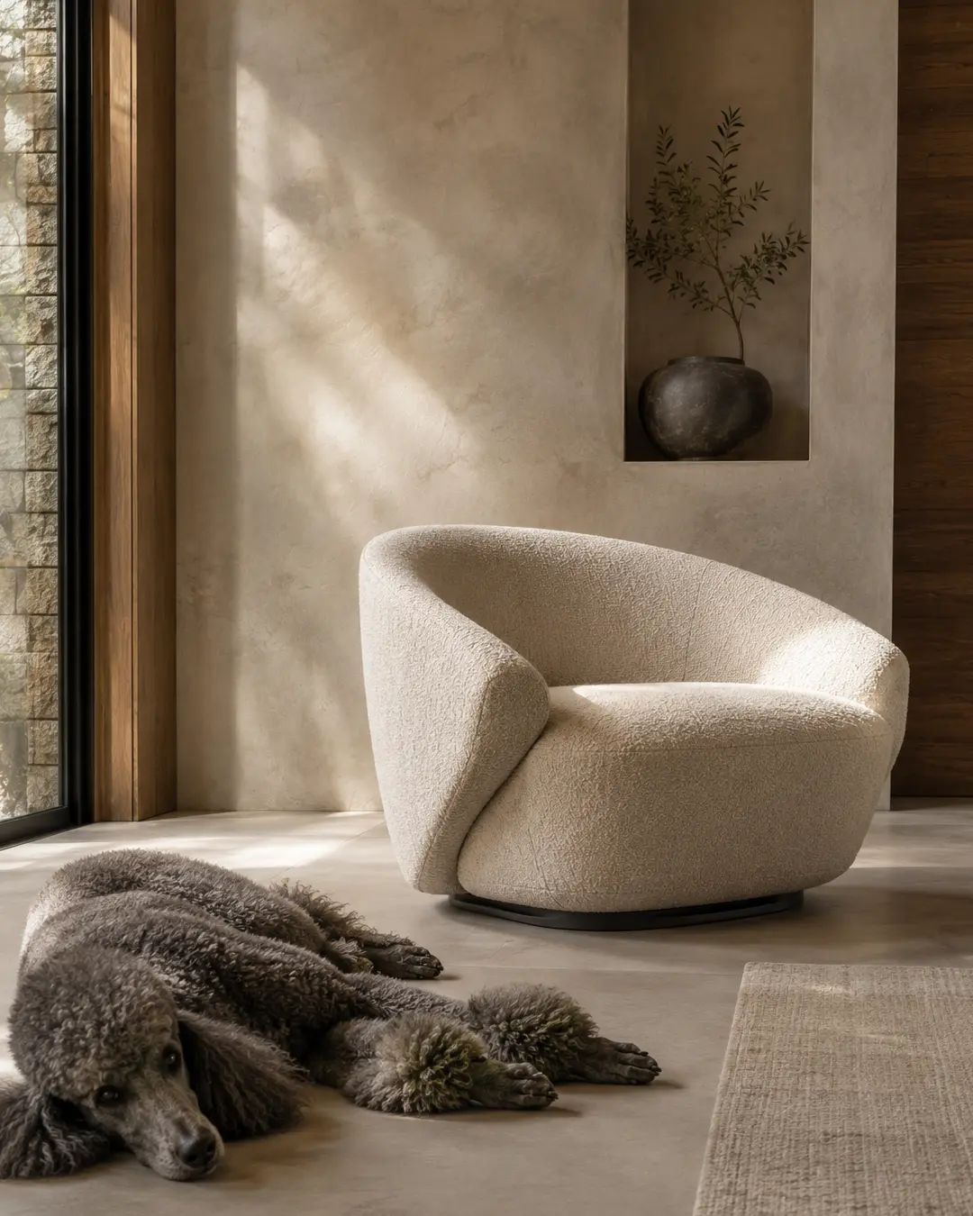 A sculptural cream boucle chair and relaxed gray Standard Poodle bring quiet luxury to a warm, sunlit minimalist interior.