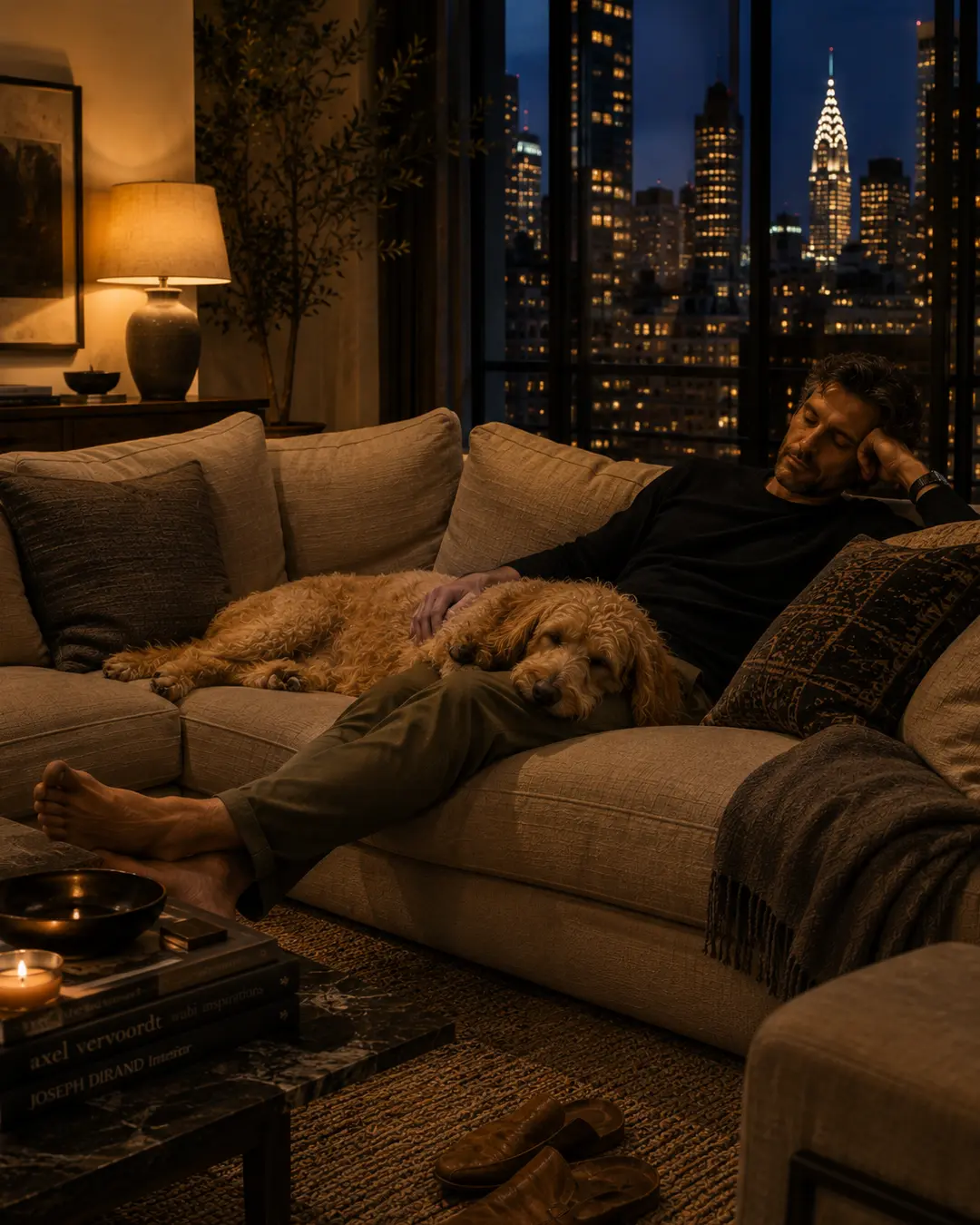 A man relaxes with his curly-haired dog on a cozy sofa overlooking the glittering New York City skyline at night.