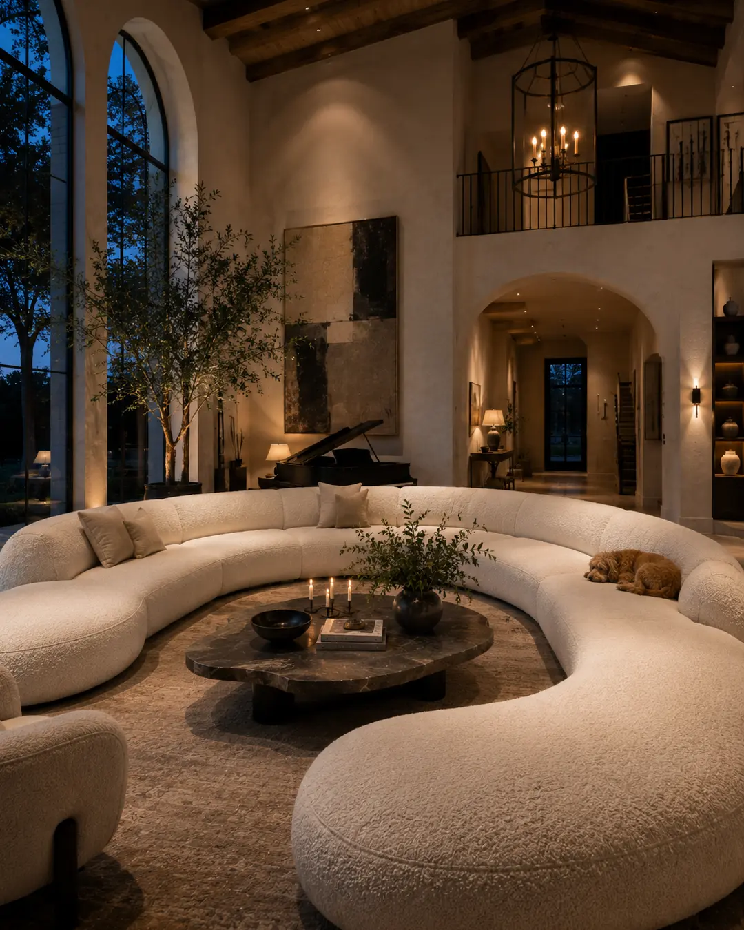 A sweeping cream sectional anchors a dramatic double-height living room, where a small dog sleeps beneath soaring windows and warm evening light.