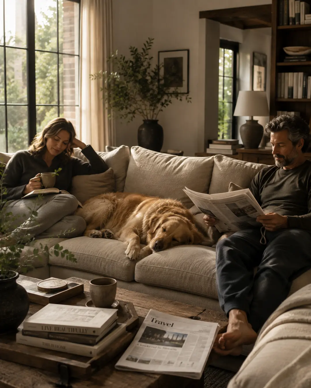 A couple relaxes with coffee and a newspaper while their dog sleeps between them on a cozy sofa in a sunlit living room.