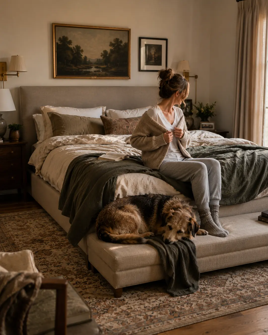 A woman relaxes on the edge of a cozy upholstered bed while her shaggy dog curls up beside her in a warm, elegant bedroom.