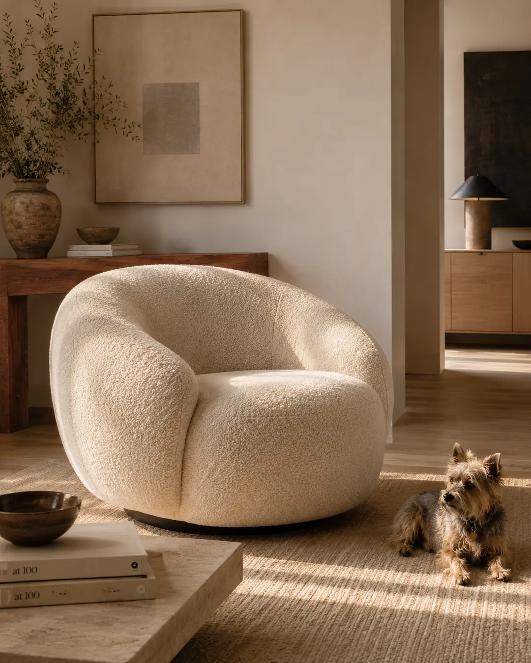 A sculptural cream boucle chair and small terrier bring warmth and personality to a serene, sunlit minimalist living room.