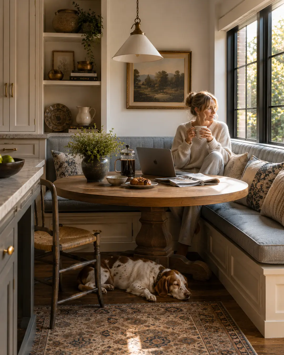 A woman enjoys coffee in a sunlit breakfast nook while her dog naps beneath the table in a warm, inviting kitchen.
