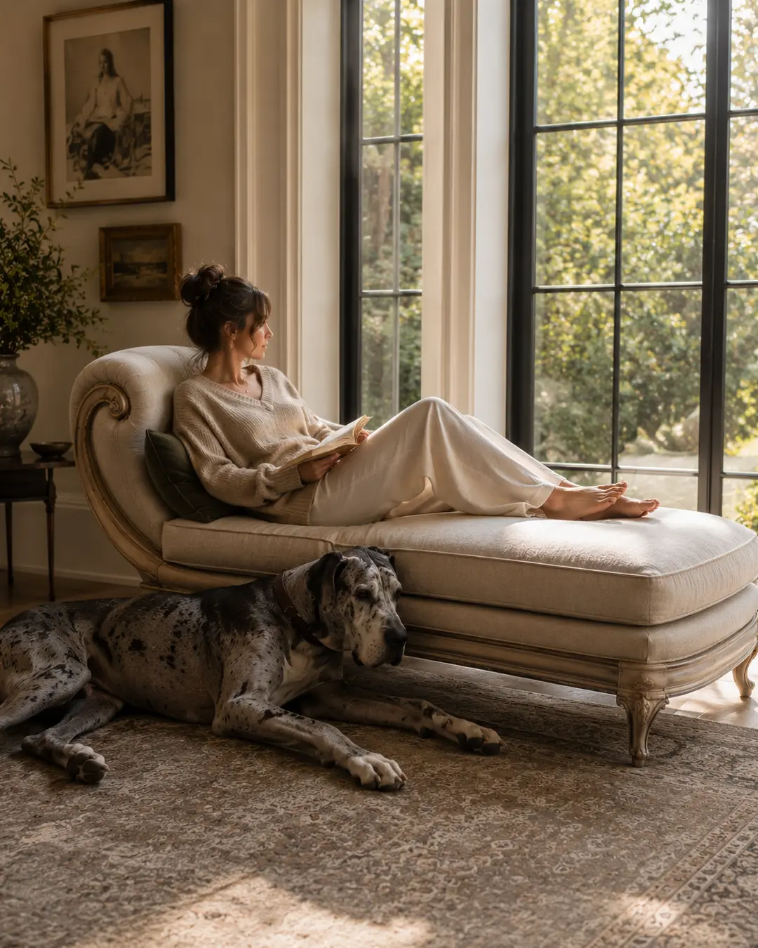A woman reads on an elegant chaise by sunlit windows while a Great Dane rests beside her on a softly patterned rug.
