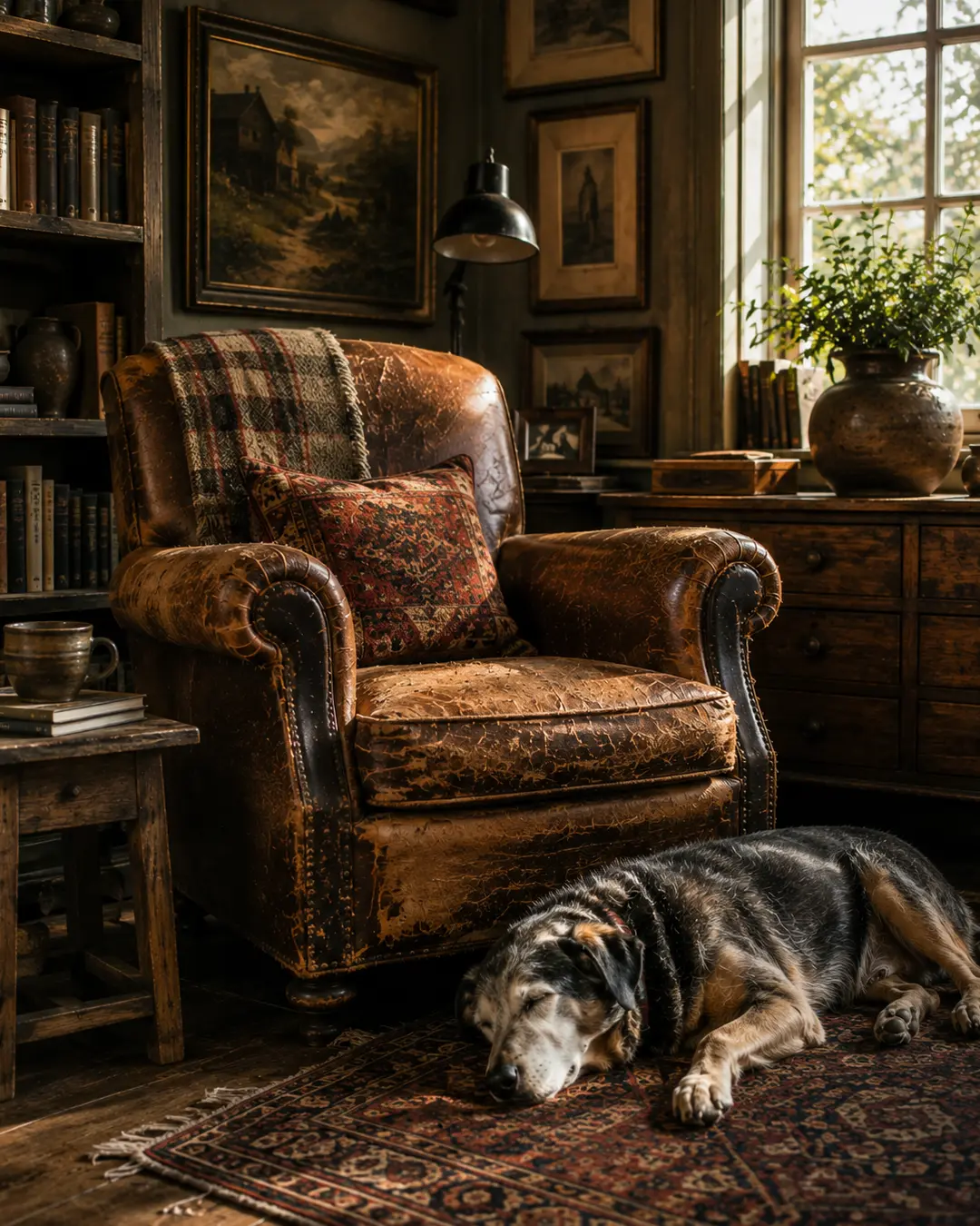 A well-worn leather armchair and sleeping senior dog create a cozy, timeless retreat filled with books, vintage art, and warm sunlight.