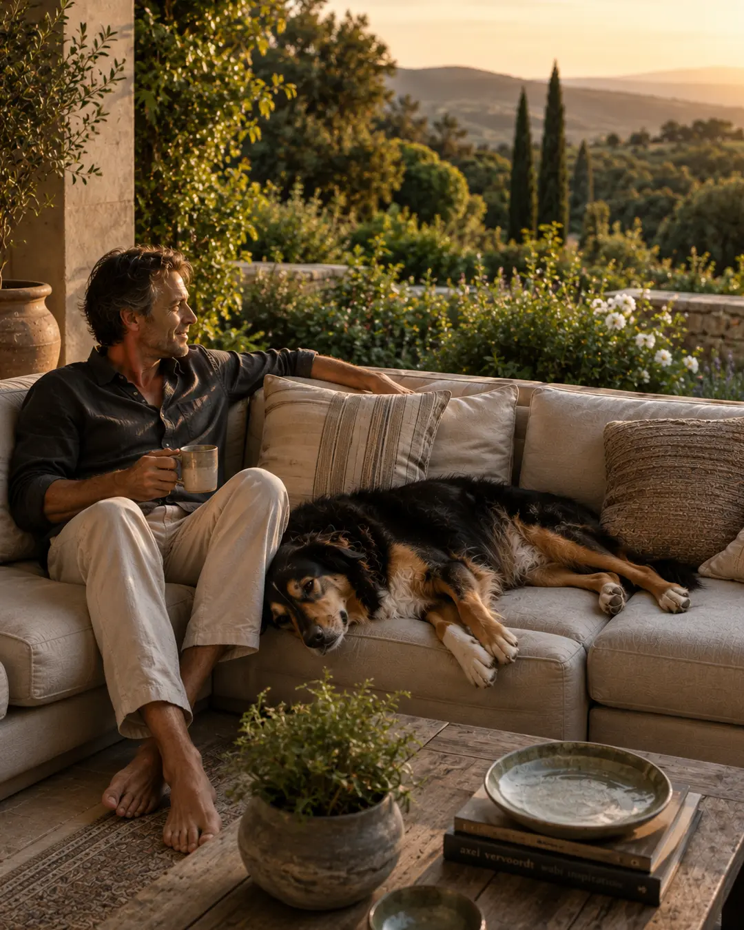 A man enjoys a quiet sunset on a Mediterranean terrace while his large dog lounges beside him on the outdoor sofa.