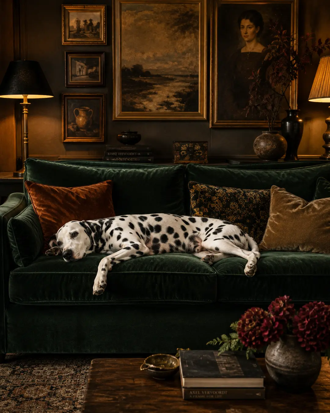 A Dalmatian lounges on a deep green velvet sofa in a moody, elegant living room filled with vintage art and warm lamplight.