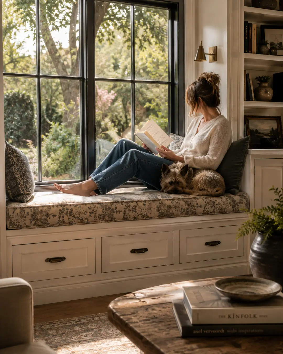 A woman reads beside a sunny garden window while her small terrier curls up beside her on a cozy built-in window seat.