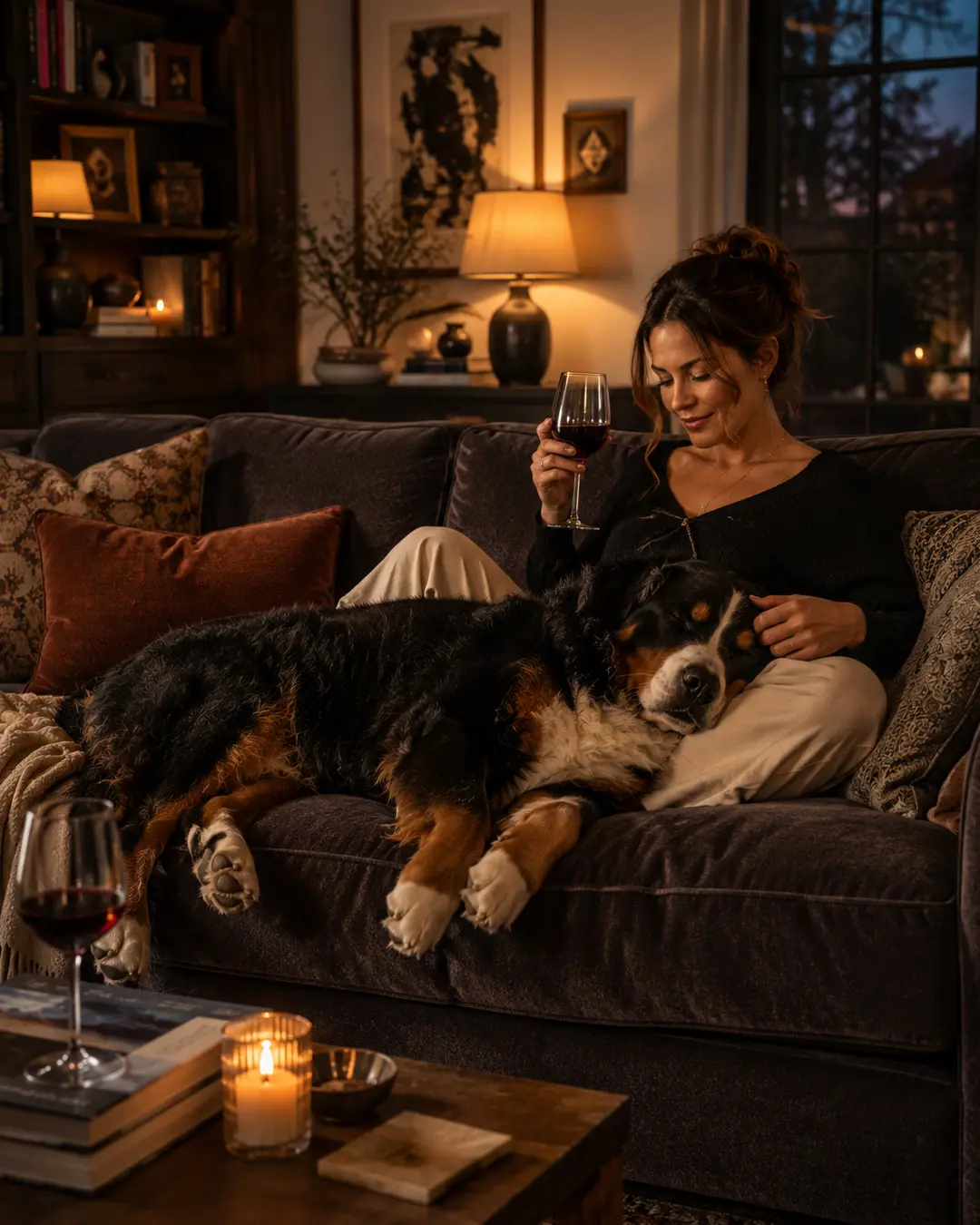 A woman relaxes with a glass of red wine as a Bernese Mountain Dog sprawls across her lap in a warm, candlelit living room.