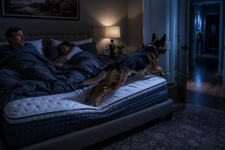 A German Shepherd suddenly leaps from the bed toward a dark hallway while one owner wakes in alarm and the other sleeps.