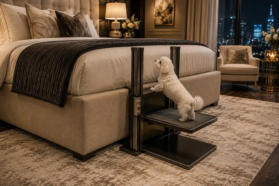 A small white dog uses a sleek bedside elevator to reach a tall luxury bed in an elegant bedroom overlooking the city.